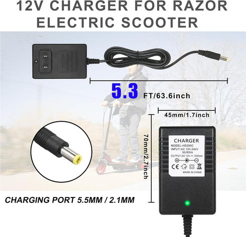 12V Charger for Kidzone Bumper Car, Replacement Charger for Ride On Toys, Compatible with Razor mx125, E90, E95