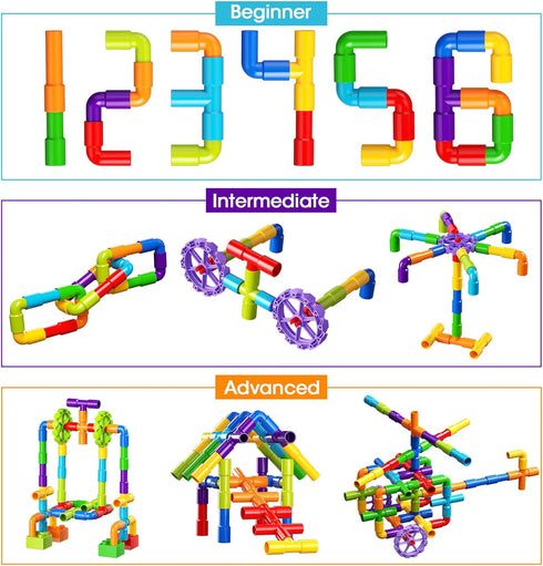 burgkidz STEM Learning Pipe Tube Toy, 188 Pcs Educational Building Blocks with Wheels Baseplate