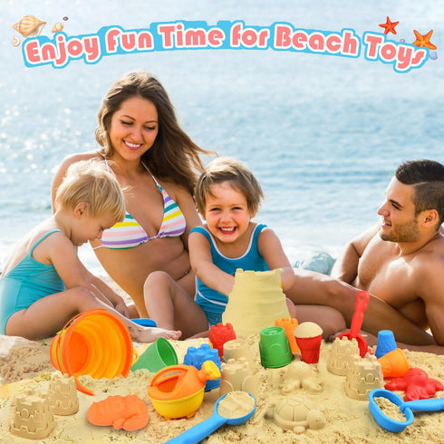 Beach Toys Set for Kids, Collapsible Sand Bucket and Shovels with Watering Can, Mesh Bag, Ice Cream & Animal Sand
