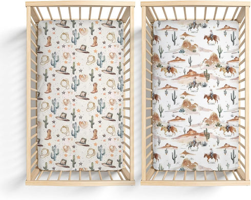 KuphiL10C 2 Pack Western Cactus Horses Hats Mountains Pattern Baby Sheets for Crib,