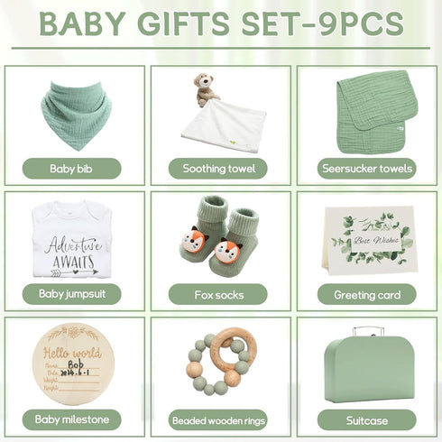 Set Baby Gift Baby Shower Gifts Basket for Newborns New Born Baby Sage Green Gift Basket with Baby Rattle Swaddle