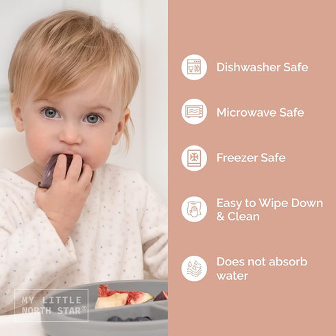 Baby Silicone Feeding Set - (5 Pack) Baby Bib, Suction Divided Plate, Self Feeding Spoon & Fork