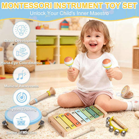 Set 3 4 5 Baby Musical Instruments Montessori Wooden Music Toys for Toddlers Neutral Color Percussion Music Kit