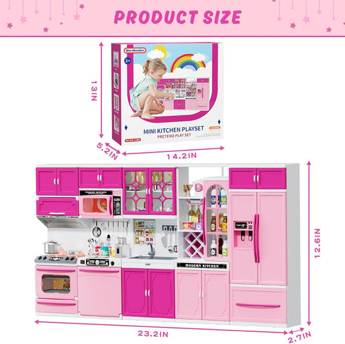 57 PCS Kitchen Playset for Girls - 5-in-1 Toddler Mini Kitchen with Realistic Lights & Sounds, Pink