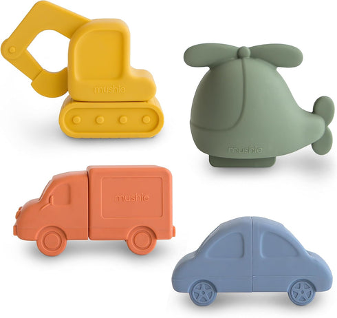 mushie Silicone Vehicles Bath Play Set, 4 Pack Mold Free Bath Toys