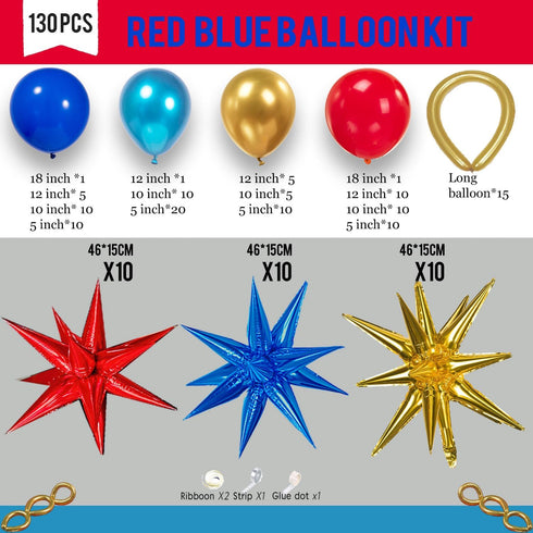 Kozee Red Blue Gold Balloon Garland Arch Kit, 130 PCS Chrome Blue for Kid Video Game Birthday Party
