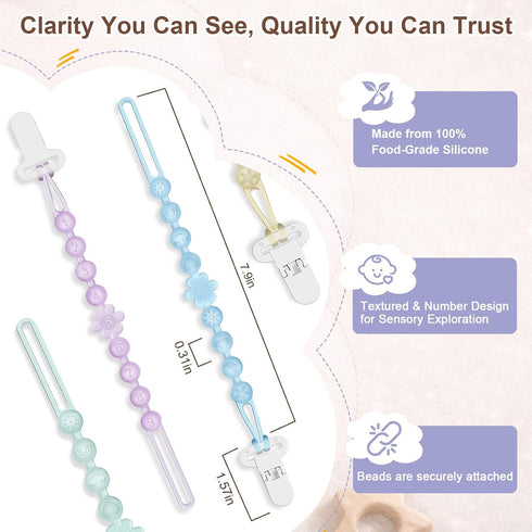4 Packs Silicone Pacifier Clip Holder with One-Piece Beads, Soft Flexible and Rust-Free Binky Pacifiers Clips