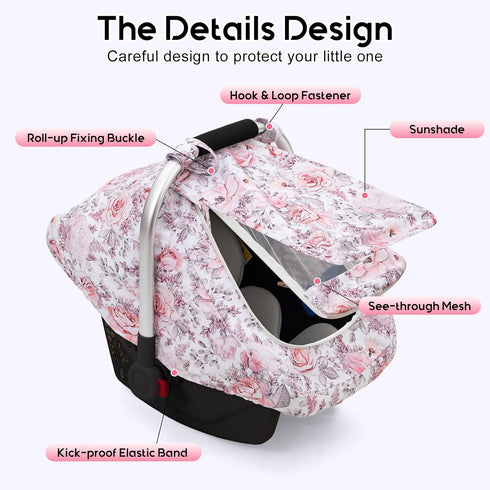 Car Seat Cover Baby Girls, Mink Dot Carseat Covers for Newborn with Breathable Mesh and Sun Shade Window, Warm Stretchy
