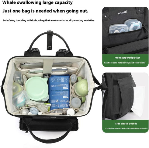 unelmoi Backpack Diaper Bad with Detachable Changing Pad, Large Capacity Waterproof Baby Bag for Moms & Dads (Black)