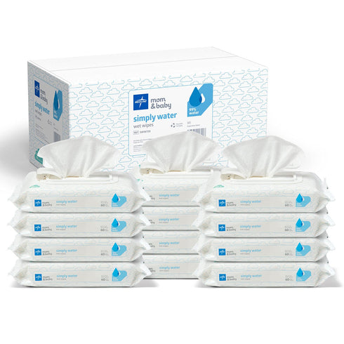Medline Simply Water Baby Wipes, 99% Water Solution, 100% Plant-Based Cloth, 60 Count (Pack of 12)