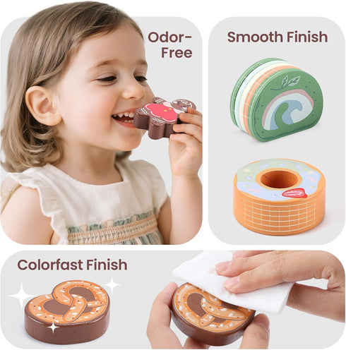 Set, Playset 3-6 CUTE STONE Wooden Toy Tea Party Kids Dessert with Double-Sided Holiday Stand, Cupcake Stand, Pretend