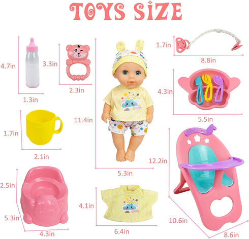 Set, PlaySet Set 15+ 12" RedCrab Baby Doll Toys Newborn Dolls with High Chair Stroller Feeding ,Tableware and Doll