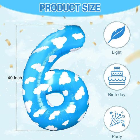 40 Inch Large Number 6 Balloon Story Birthday Decorations Blue Clouds Number Balloon Toy Inspired Story Party Supplies for 6th Birthday Party Baby Shower Story Birthday Decorations for Kids
