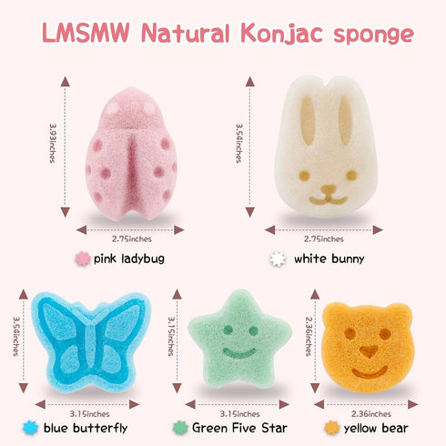Set 5 Pack Konjac Baby Bath Sponge - Soft Cleansing Facial & Body Sponge for Delicate Skin, Natural Konjac Fiber Bath