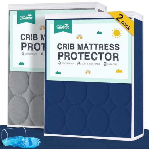 Biloban Crib Mattress Protector 2 Pack, Waterproof, Durable, Grey & Navy, Absorbent,