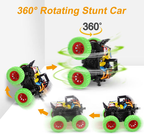M SANMERSEN Monster Trucks for Boys, 4 Pack Push and Go Friction Powered Cars Vehicles Toys, 360° Rotating Stunt Car Boys Girls Birthday Christmas Party Gifts