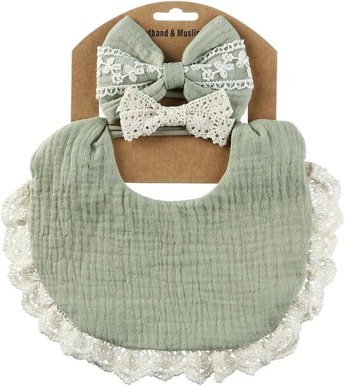 Muslin Baby Bibs Drool Teething Bibs Headband Set, 4-Layer Organic Cotton Lace Waterproof
