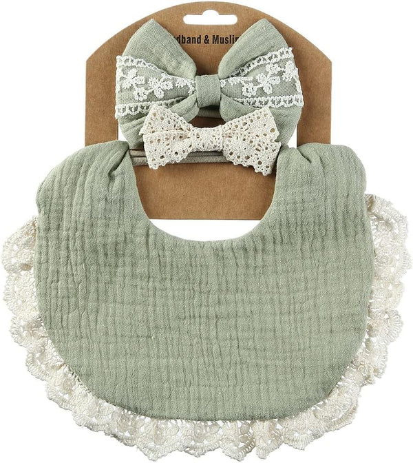 Muslin Baby Bibs Drool Teething Bibs Headband Set, 4-Layer Organic Cotton Lace Waterproof