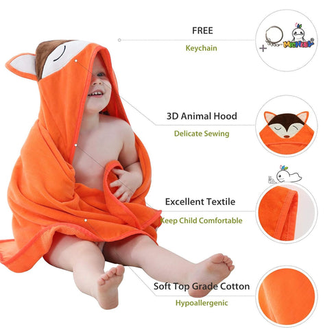 MICHLEY Animal Hooded Baby Towel Washcloth - Premium Cotton Bathrobe for Girls Boys 0-6T (Fox)
