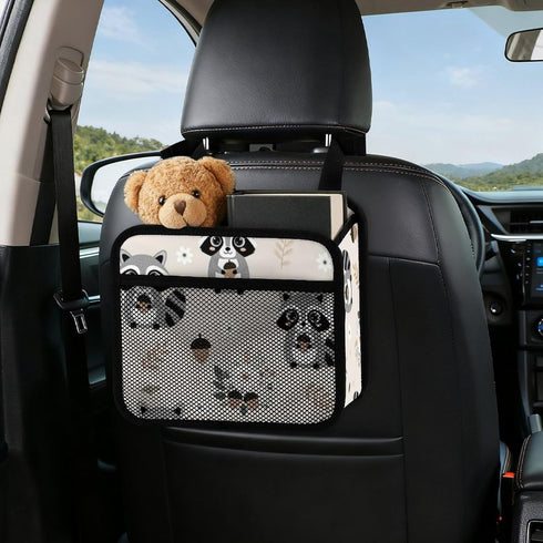 PPIKTC Spacious Hanging Auto Seat Organizer with Ventilated Mesh Pockets for Wet Wipes and Baby Supplies, Cute Raccoon