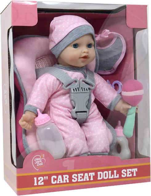 Set 12 Inch Baby Doll Carrier Car Seat, Baby Doll Accessories Includes Doll Bottles, Soft Baby Doll & Toys