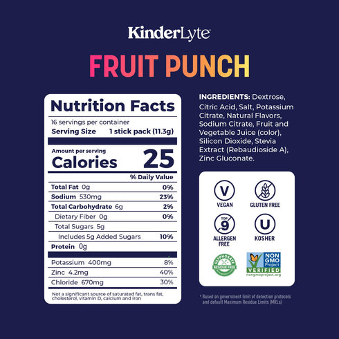 Kinderlyte Electrolyte Powder for Kids and Adults - Drink Mix Hydration Packets (Fruit Punch, 16 Count)