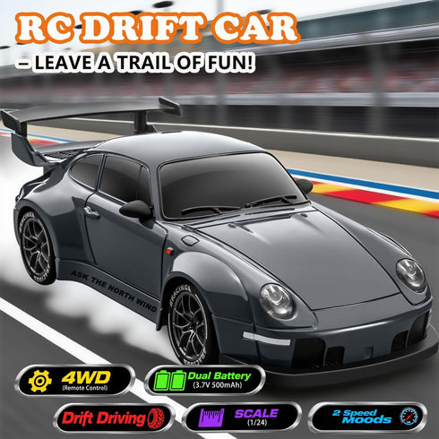 1:24 RC Drift Car, Scale Remote Control Vehicle with LED Lights,Drifting TiresTwo Batteries, Racing Sports Toy Idea