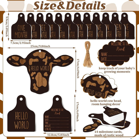 Maitys 14 Pieces Cow Baby Monthly Milestone Cards Rustic Wooden Ornament Herd Signs Cattle Newborn Photography Props