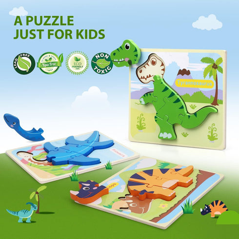 TOY Life Wooden Puzzles for Toddlers Ages 2-4, 7 Piece Dinosaur Puzzle, Educational Toys for Ages 1-3