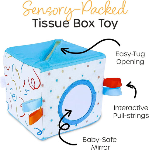 6-12 100% Quiggly Soft Fabric Tissue Box Toy for Babies- Montessori Sensory Development Toy for Month Olds - Cotton