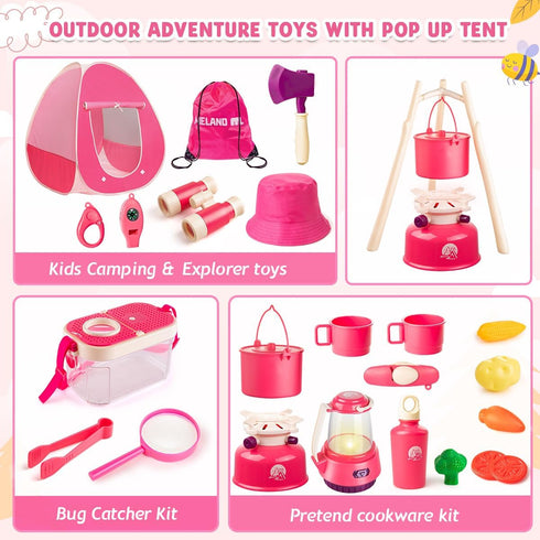 Set 3,4,5,6 Meland Kids Camping for Girls - Camping Tent Toys for Girls Indoor Outdoor Pretend Play, Christmas Birthday