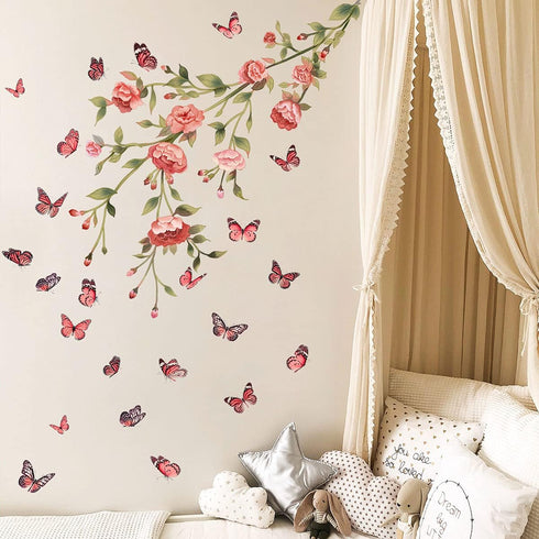 Cute Peony Flower Wall Decals, Pink Rose Floral Stickers, Removable Peel and Stick for Kids Room, Living Room Decor