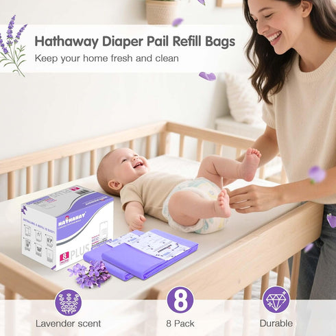 RUZAKO 30% 8 Pack Diaper Pail Refill Bags Compatible With Dekor Plus Diaper Pail, Extra Length, Lavender Scent