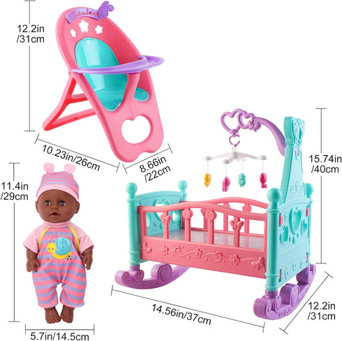 Set 21 Set deAO Black Baby Doll - Mobile, High Chair, Stroller & Feeding Accessories - Piece Play (Doll Included)