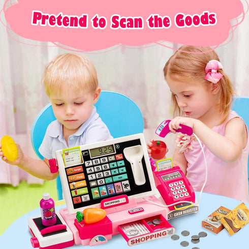 Kids Cash Register Toy with Shopping Cart - Toddler Pretend Play Store Cashier Register with Music and Calculator