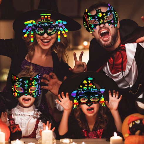 MGparty Halloween Crafts, 24PCS Rainbow Scratch Mask Magic Scratch Paper Art for Kids Birthday Classroom Decoration