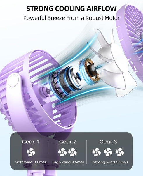 360 3-Speed, buywoo Portable Stroller Mini Fan, Small Rechargeable Personal Fan, Travel Essentials for Baby, Wagon, Car