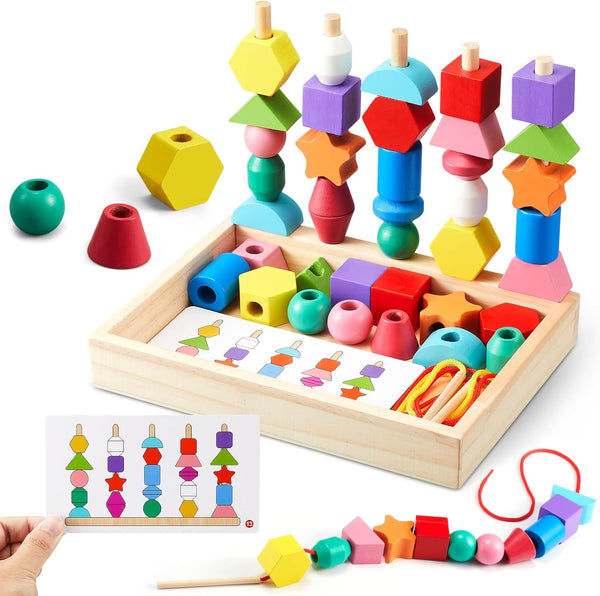 Montessori Preschool Educational Wooden Toys for Toddlers, Lacing Beads & Stacking Blocks Gifts for Kids