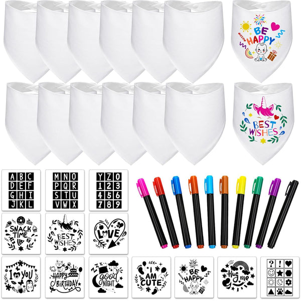 Jutom 38 Pcs DIY Baby Bibs Decorating Sets, 14 White Baby Bibs, 10 Fabric Paint Markers, 14 Stencils