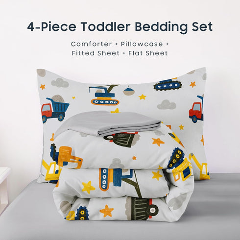 Set 4 Set Wake In Cloud - Toddler Bedding for Boys, Construction Car Excavator Truck, Pieces Soft Crib Bed Including