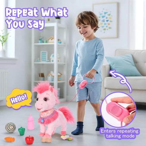 Ylpaprm Set 3+ Pink Walking Pony Interactive Talking Singing Dancing Horse Walk Along with Remote Control Leash Plush