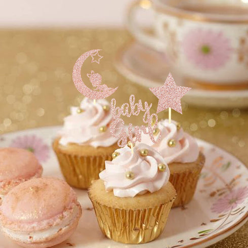 24 PCS Rose Gold Baby Girl Cupcake Toppers with Moon Star Glitter for Birthday Party Cake Decorations