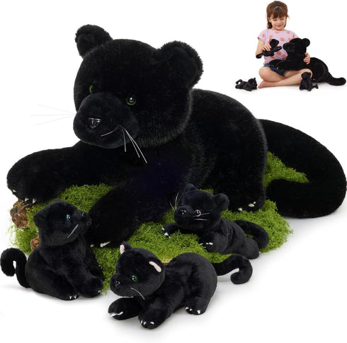 MorisMos Black Plush Panther Stuffed Animal with Babies,18'' Big Mama and Baby