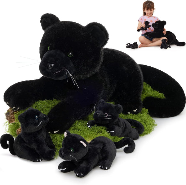 MorisMos Black Plush Panther Stuffed Animal with Babies,18'' Big Mama and Baby
