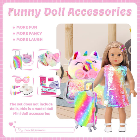 23 18 Inch Set K.T. Fancy Pcs American Doll Clothes & Accessories, Cute Doll Suitcase with Sequined Dress, Sunglasses