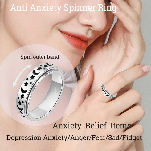 OreilleStar Anxiety Ring for Women Fidget Ring Stainless Steel Fidget Toys Adults Spinner Rings Gold Silver Moon Star