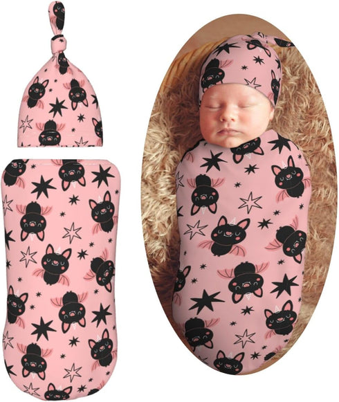 Halloween Cute Cartoon Bat Newborn Swaddle Blanket with Beanie Set, Soft Baby Sleep Sack Stretch Adjustable Wraps