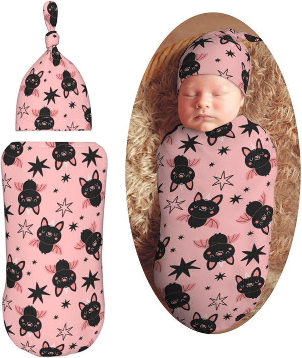 Halloween Cute Cartoon Bat Newborn Swaddle Blanket with Beanie Set, Soft Baby Sleep Sack Stretch Adjustable Wraps