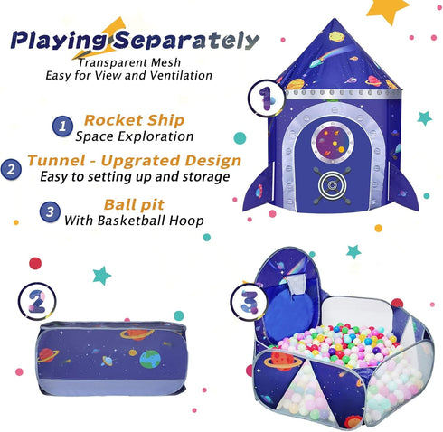 TTLOJ Gift 3pc Rocket Ship Kids Play Tent, Ball Pit, Crawl Tunnel, Toddlers Playhouse Castle Toys