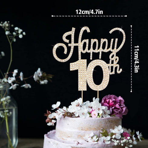 LINGTEER Happy 10th Birthday Gold Rhinestone Cake Topper - Cheers to 10 Years Old Party Centerpieces Decorations